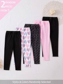 SHEIN 5件/2件女童幼兒打底褲，羅紋針織面料配鬆緊腰帶荷葉邊飾，黑色彩虹波點、愛心、夏季運動紫色 - 彩色 - 查看 3
