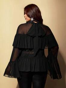 Viva Relle Plus Size Sexy Street Sheer Ruffle Hem Blouse - Black - View 5