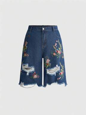 Fairycore Plus Size Casual Pastoral Spring Summer Embroidered Frayed Distressed Versatile Denim Mid-Length Pants