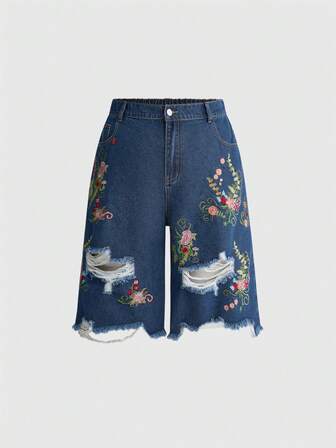 Fairycore Pantalones de Mezclilla de Talla Grande Casual Pastoral Primavera Verano Bordados Deshilachados Desgastados Versátiles de Largo Medio