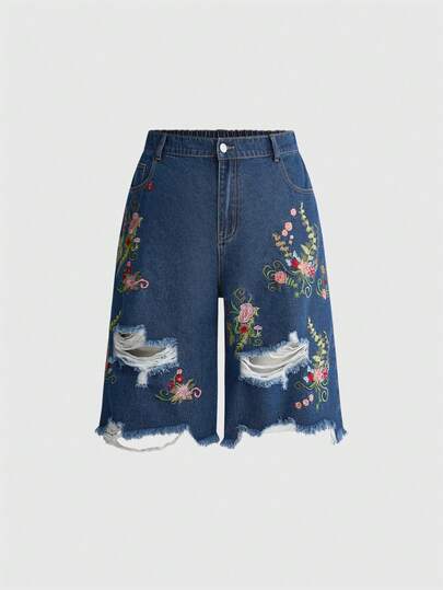 Fairycore Plus Size Casual Pastoral Spring Summer Embroidered Frayed Distressed Versatile Denim Mid-Length Pants