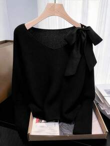 GlowEve CURVE Plus Size Casual Lace-Up Bow Long Sleeve Pullover Sweater - Black - View 1