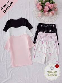 (2 Set Acak) Set Pakaian Santai Ketat 4 Potong Celana Panjang Lengan Pendek Motif Hati, Pita, Bintang, dan Bulu Mata untuk Anak Perempuan Seri Pink - MultiWarna - View 2
