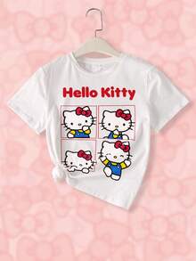 HELLO KITTY AND FRIENDS | SHEIN 少女休闲字母猫咪印花圆领短袖T恤，夏季 - 白色 - 查看 7