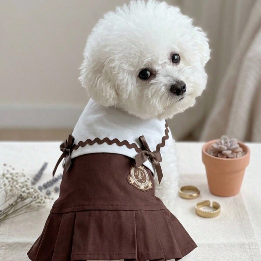 Coffee White Two Pieces Pet Uniform Outfit, Wavy Trim Sling Top Pleated Skirt With Bow Badge, Preppy Style Small Dog Cat Princess Dress For Daily Party