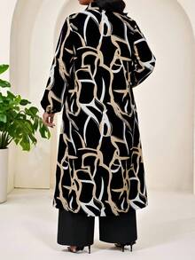 SHEIN Lady Plus Size Fashion Commuter Elegant Casual Formal All-Over Print Shirt And Pants 2 Pieces Set Evening Formal Black And White Black Autumn - Multicolor - View 2