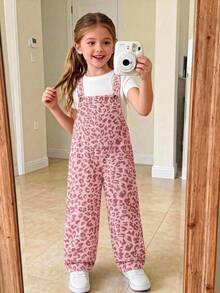 Elladie kids 女童休閒燈芯絨吊帶褲，粉色豹紋配可愛愛心袋鼠口袋，捲邊褲腳，寬鬆直筒版型，柔軟舒適面料，適合日常穿著、上學與通勤，四季皆宜 - 粉色 - 查看 9