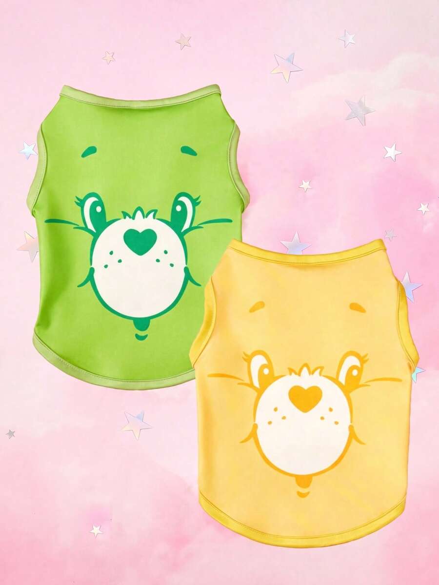 Care Bears X PETSIN 1件可愛心形熊卡通熊圖案黃綠數位印花寵物背心,透氣親膚,適合舒適室內休息或戶外玩樂 - 彩色 - 查看 1