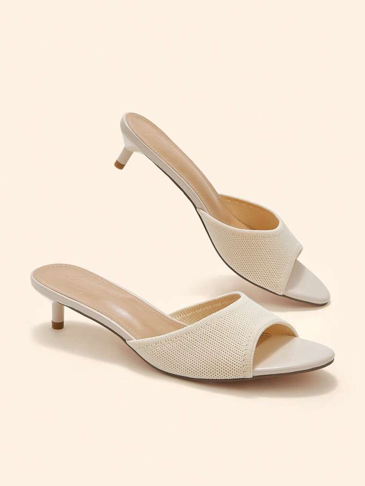 CUCCOO BASICS Sandal Mule Hak Kitten Bergaya untuk Wanita dengan Bagian Atas Rajutan untuk Musim Panas - Krem - View 1