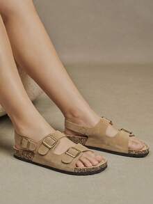 Solecia Three-Buckle Rear Strap Cork Sandals Women, Retro Suede Adjustable Buckle To Wear Boken Sandals - tawny - View 9