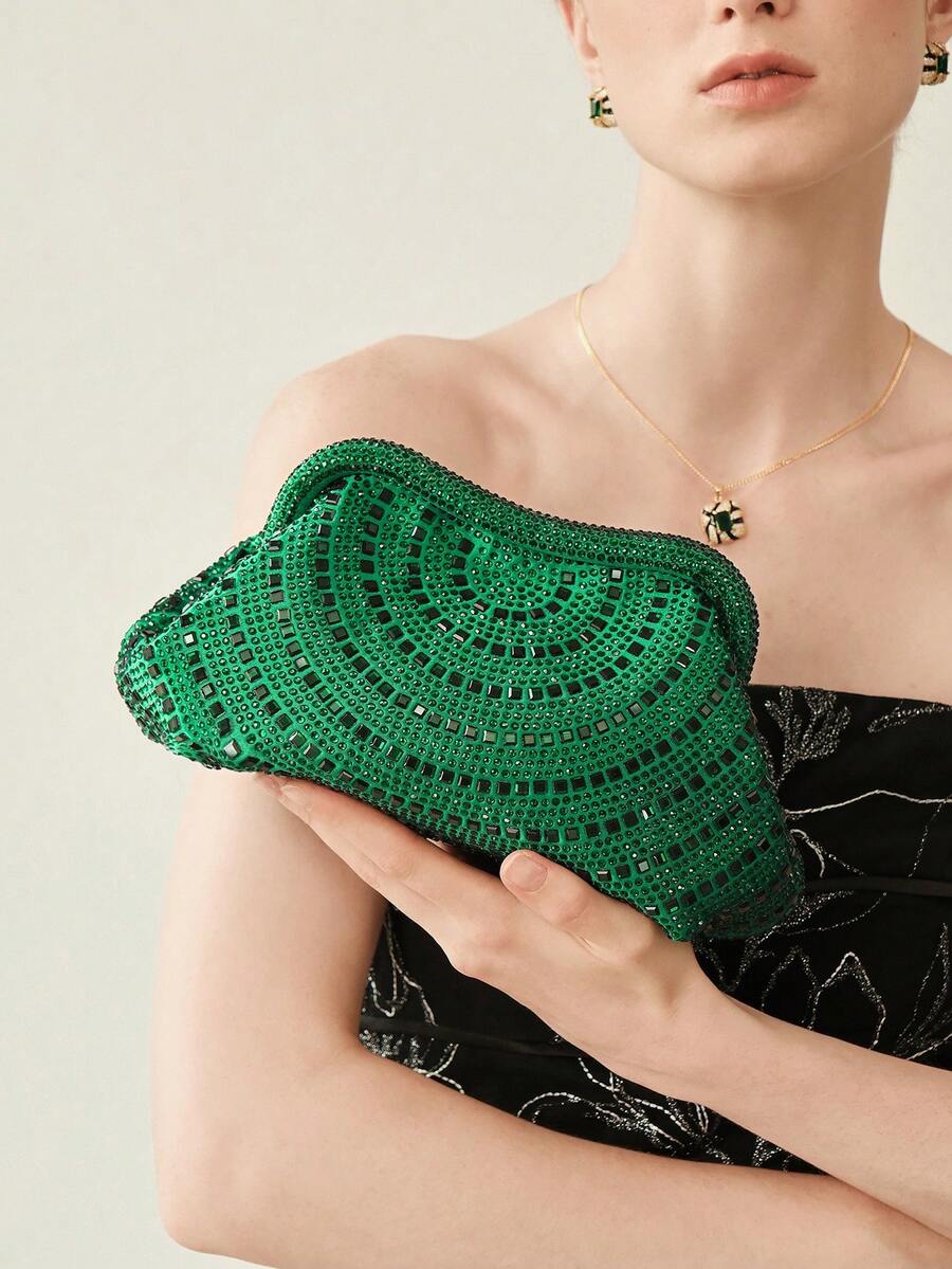 MOTF PREMIUM LADIES GREEN CLUTCH BAG, EXQUISITE DIAMOND DINNER BAG, LOW-KEY AND ELEGANT, FOR LADIES, BRIDES, PARTIES, DINNERS, DRESS MATCHING - Green - View 1