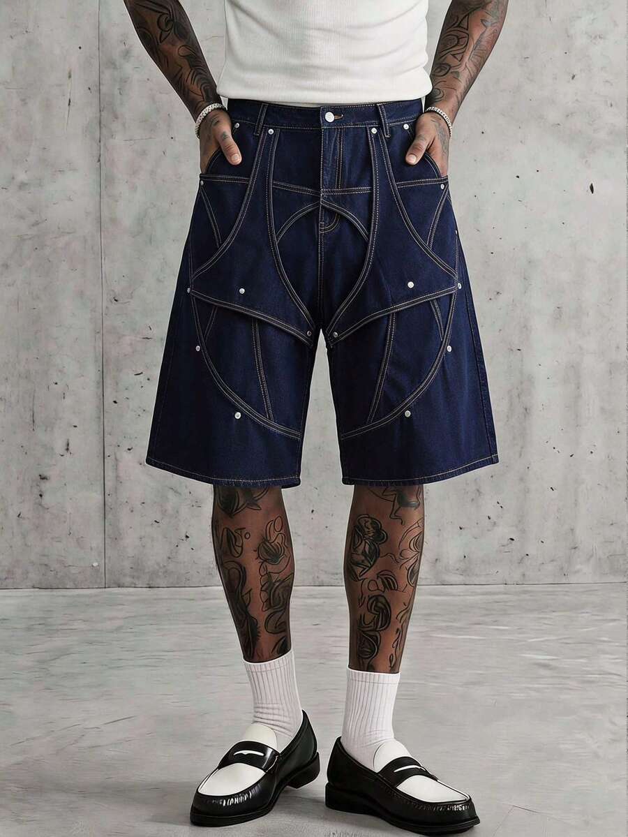 AXEPEAK Quần short denim nam giặt wash thiết kế bất đối xứng phối miếng ghép cấu trúc - Màu xanh lam - Xem 1