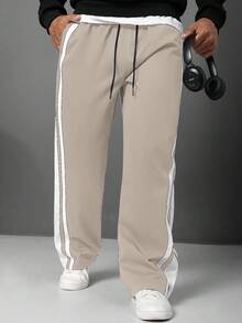 Manfinity Homme Plus Size Men's Casual Straight Leg Pants With Side Stripes And Drawstring Waist - Apricot - View 5