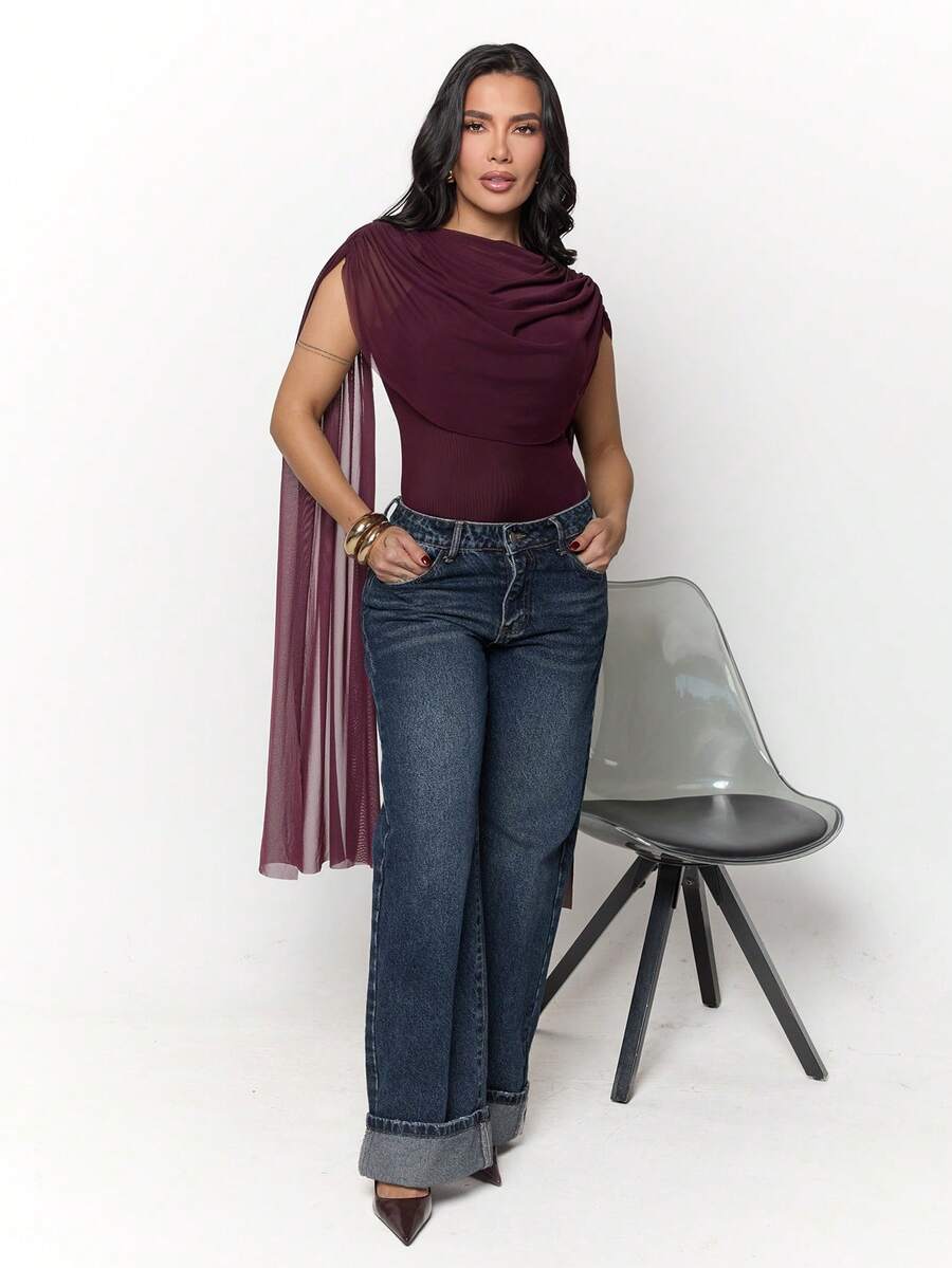 Dania Mndz Shop Elegant Burgundy Round Neck Ribbon Fitted Bodysuit For Women,Autumn Night Out Base Layer,Perfect For Cocktail Party,Formal Occasions& Dates Summer - Burgundy - View 1