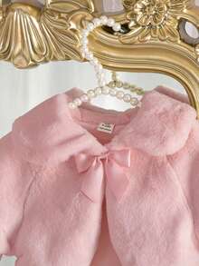 SHEIN 女嬰蝴蝶結裝飾毛絨休閒百搭日常外出長袖秋冬夾克 - 淺粉色 - 查看 6