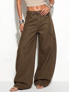 Normani Women's Fashion Versatile Button Pocket Loose Fit Denim Jeans Women's Fall Teacher Pants - Coffee Brown - View 4
