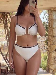 SHEIN Swim 2026 New Spring/Summer Plus Size 2-Piece Bikini Set Set, Large Scoop Neck, Black With White Polka Dot Random Print, Suitable For Beach And Vacation Wear - Beige - View 3