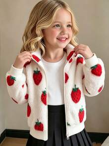 Elladie kids 1件少女甜美可愛草莓拉鍊立領加厚抓絨外套，適合春秋冬季日常休閒出遊 - 紅色 - 查看 5