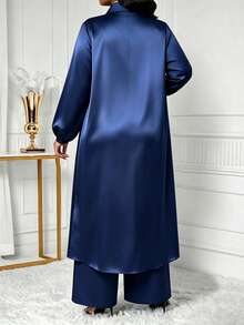 SHEIN Lady Plus Size Women Solid Color Single-Breasted Long Sleeve Top And Pants Casual Daily 2 Pieces Set Fall - Navy Blue - View 2
