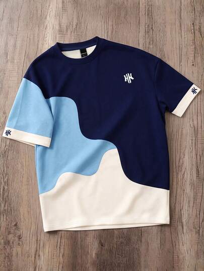 Manfinity Joysei Men's Letter Print Colorblock Casual Versatile Daily Short Sleeve T-Shirt