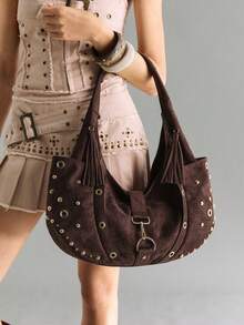 Viva Strut Women's Fashionable Personalized Street Cool Retro Brown Suede Rivet Metal Buckle Shoulder Bag, Daily Commute To Work Shopping To School - Brown - View 2