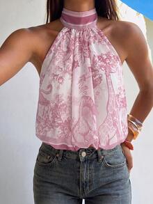 Aloruh Printed Chiffon Halter Neck Women's Top - Pink - View 7
