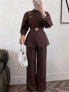 Solavon Women's Button Design Long Sleeve Top And Pants Arabic Outfit Set - Coffee Brown - View 2