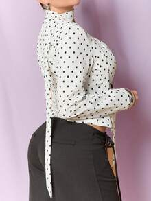 Dania Mndz Shop Women's White With Black Polka Dots Blazer,Elegant Deep V-Neck Slim-Fit Suit Jacket For Autumn Date,Commuter Chic Back To School Teacher Ribbon Coat - White - View 5