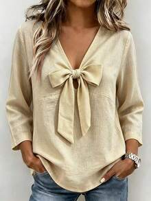 Linhara CURVE Plus Size Khaki Shirt With Bow Tie Detail, Long Sleeve V-Neck Loose Fit Fashion Versatile Casual Comfortable Spring Autumn Daily Design Base Layer - Khaki - View 1