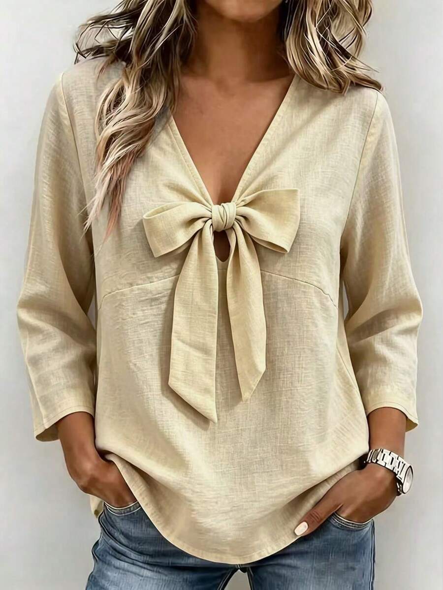 Linhara CURVE Plus Size Khaki Shirt With Bow Tie Detail, Long Sleeve V-Neck Loose Fit Fashion Versatile Casual Comfortable Spring Autumn Daily Design Base Layer - Khaki - View 1