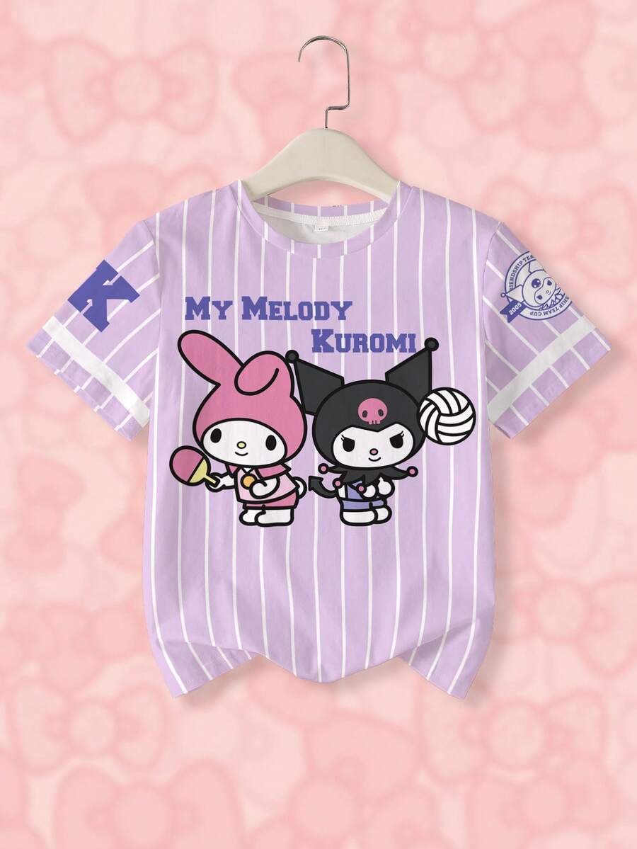 HELLO KITTY AND FRIENDS | SHEIN تي شيرت بياقة طاقم وأكمام قصيرة بطبعة مخططة ونقشة كرتونية للبنات المراهقات - أبيض - مشاهدة 1