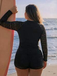 SHEIN Swim 大尺碼女款 2 件式純色長袖收腹坦基尼泳衣，黑色夏季保守街頭風，適合海灘度假派對 - 黑色 - 查看 2