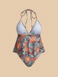 Travachic Women's Summer Beach Sun Face Print Halter Tankini Set - Multicolor - View 2