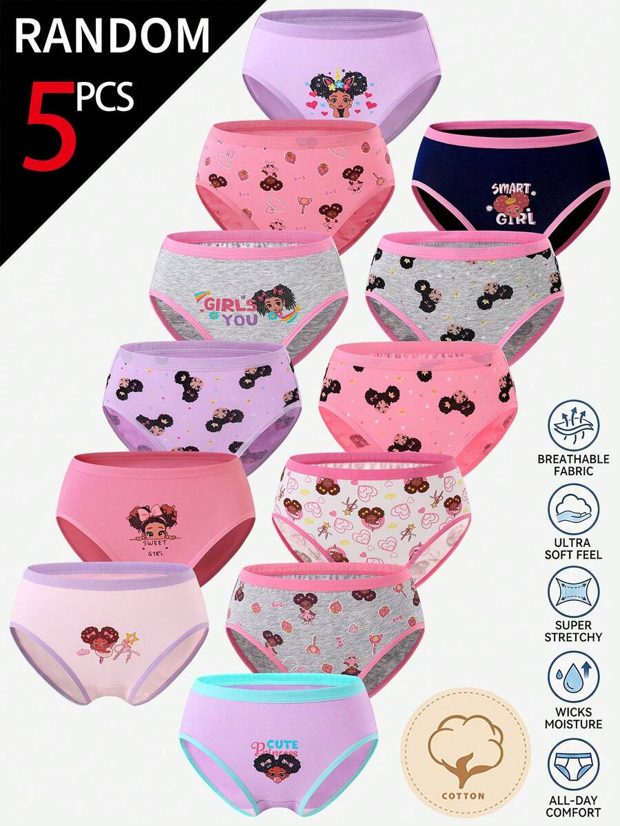 SHEIN 5条装女童时尚休闲内裤,采用可爱的跳舞公主卡通图案,颜色随机,包含粉色、紫色、藏青色和灰色。内裤采用柔软可追溯的棉质针织面料,高弹力贴身设计,适合日常穿着,四季皆宜,亲肤舒适。 - 彩色 - 查看 1