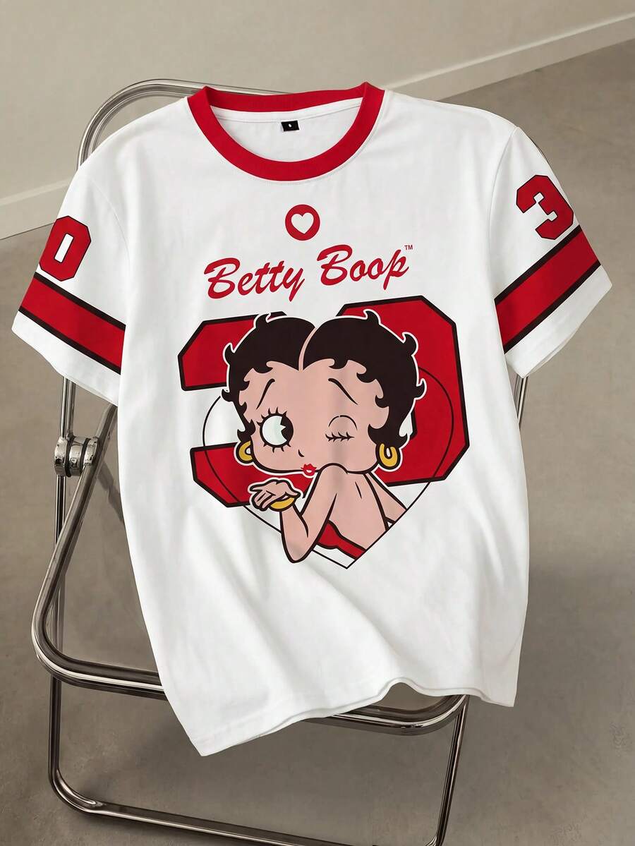 Betty Boop x SHEIN Women's Casual Cartoon Print T-Shirt, Summer - White - View 1