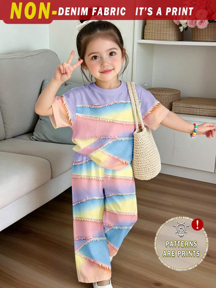 (1 Set) Girls' Casual Fashion Fresh Colorful Gradient Patchwork Pattern Basic Short T-Shirt And Wide Leg Pants - Multicolor - View 1