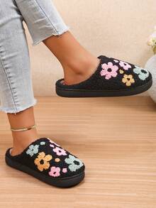 Fashionable, Cute Flower Pattern, Soft And Comfortable Home Slippers, Warm Slippers, Winter Women's Shoes - Black - View 8