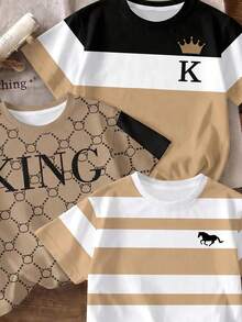 RANDOM 6 PCS SEND 3 PCS Young Boy T-Shirt 3-Piece Set, Classic Vintage Floral Print, Retro Color Block Print, Stripe Print, Exquisite Pony Logo Print, Cool King Text Print, Crown Print - Multicolor - View 5