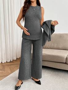 SHEIN Maternity Solid Color Round Neck Top And Long Pants Casual Dressy Daily Knit Set Autumn Formal Home Wear Grey - Grey - View 2