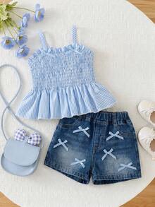 SHEIN Vintaside Kids Adorable Baby Girls Polyester Blue Sleeveless Tank Top And Short Set With Plant Pattern And Bow Details - Blue - View 1