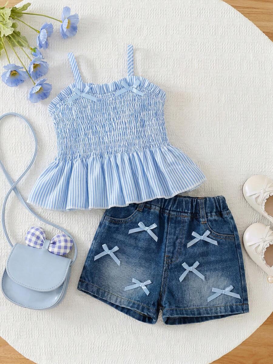SHEIN Vintaside Kids Adorable Baby Girls Polyester Blue Sleeveless Tank Top And Short Set With Plant Pattern And Bow Details - Blue - View 1