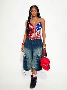 Gowayae Gowayae French Gentle Style Front Tie American Flag Print Ruffle Strap Slimming Fitted Camisole Tank Top - Multicolor - View 1