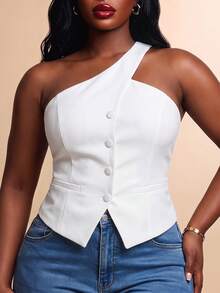 Radiana Curve Plus Size Casual Sexy 70's Commute Cocktail Party Night Solid Color One Shoulder Blazer Vest All White Summer - White - View 4