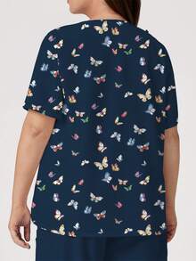PopScrub Plus Size Casual Watercolor Texture Butterfly Print Navy Blue Scrub Set, Women's Fashion V-Neck Short Sleeve Double Pocket Loop Design Workwear Top, Spring/Summer - Multicolor - View 2