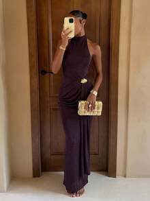 Lumalex Women's Dark Brown Autumn Elegant Wedding Guest Long Dress,Metal Decor Pleated Backless Halter Neck Glitter-Accented Luxury Prom Party Banquet Gown - Dark Brown - View 2