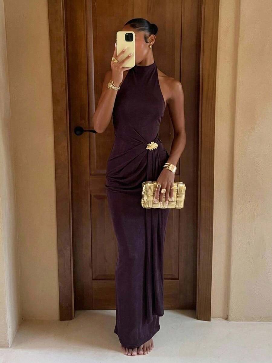 Lumalex Women's Dark Brown Autumn Elegant Wedding Guest Long Dress,Metal Decor Pleated Backless Halter Neck Glitter-Accented Luxury Prom Party Banquet Gown