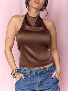 Dania Mndz Shop Women's New Turtleneck Open Back Tie Hem Brown Tank Top For Autumn/Winter Party & Evening,, Spring/Summer Casual - Brown - View 4