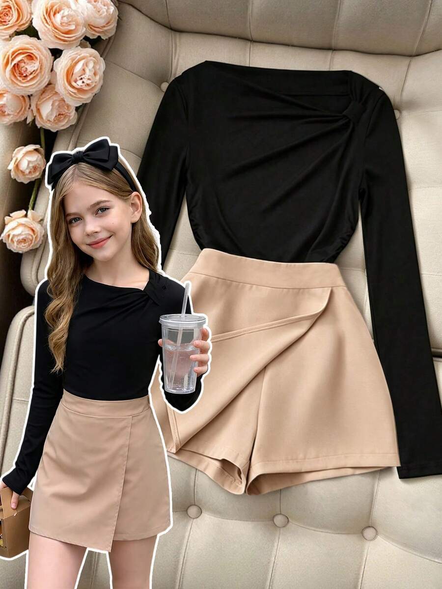 SHEIN Elladie kids Tween Girl Fall Outfits Fall Tops Fall Two Pieces Set Of Korean Soft Girl And Big Child Set: Open Shoulder Long Sleeved Top+Front Sli...