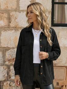 EMERY ROSE Solid Button Front Pocket Detail Corduroy Coat Fall Winter Cloth For Women - Black - View 3