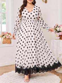 Reflora Plus Size Polka Dot Print Lace Patchwork Dress Fall - Black and White - View 1